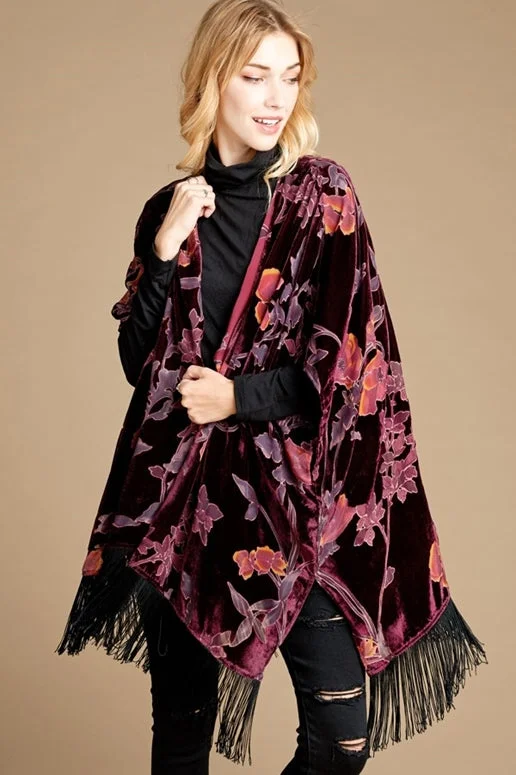 high quality bamboo pullover sweater -Floral Burnout Velvet Fringe Kimono - Burgundy