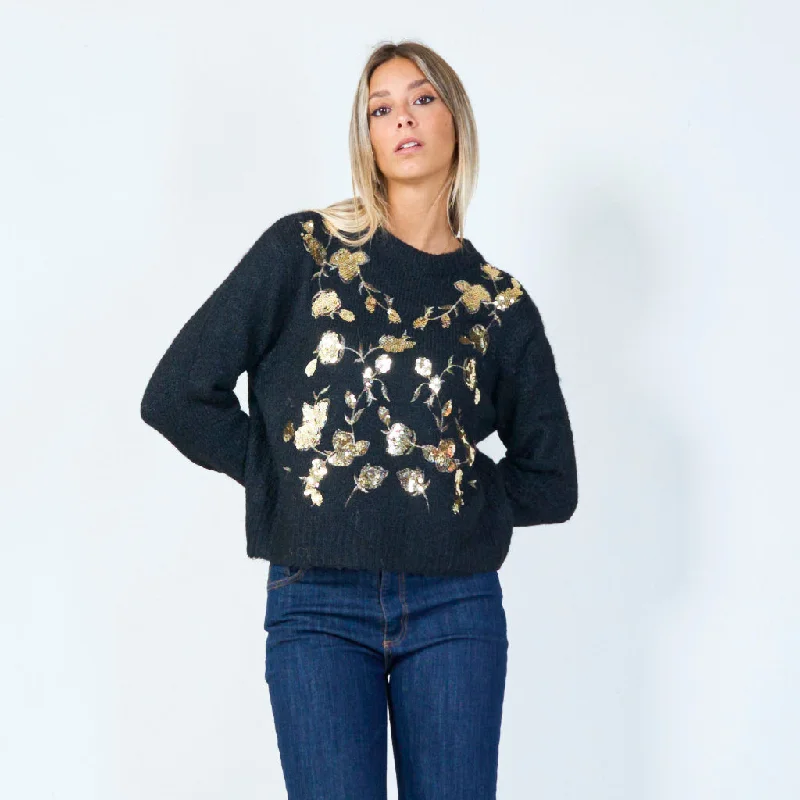 bold geometric knit pullover sweater -Floral sequin embellished sweater wholesale