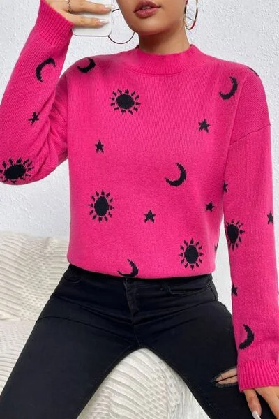 casual weekend knit pullover sweater -Graphic Mock Neck Dropped Shoulder Sweater