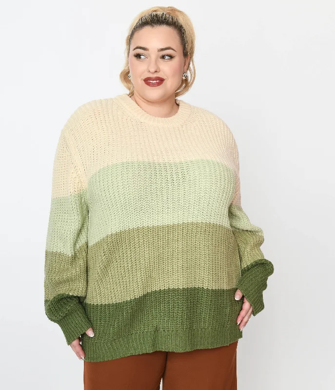 soft cotton pullover sweater -1970s Green Dream Color Block Striped Pullover Knit Sweater