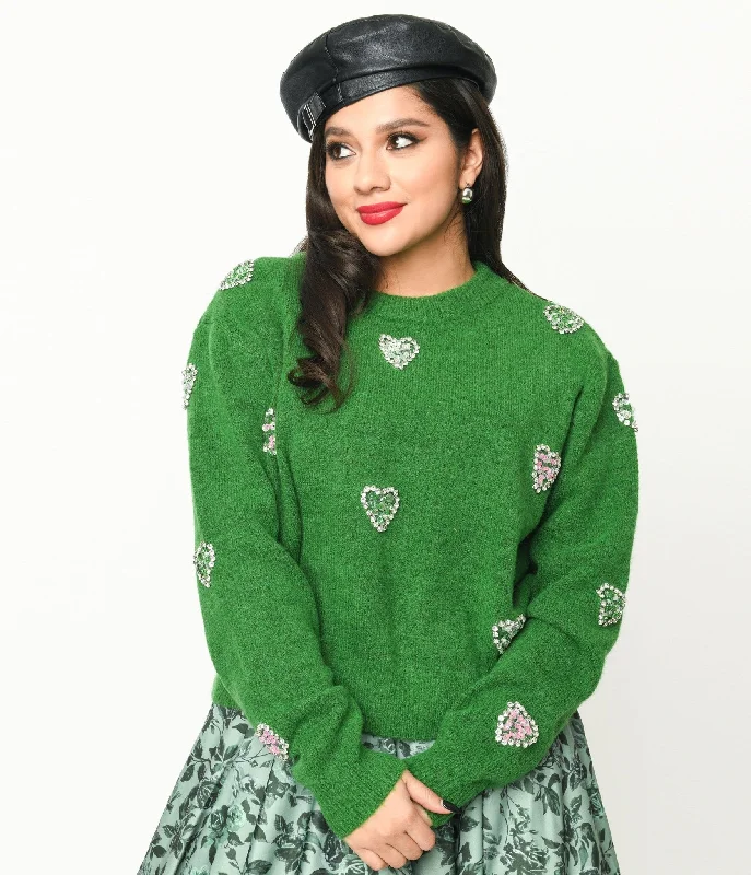 soft mohair pullover sweater -Green Rhinestone Hearts Embellished Pullover Sweater