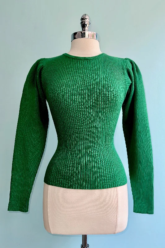 sustainable cotton cashmere pullover sweater -Green Ribbed Knit Puff Sleeve Sweater by Wild Pony