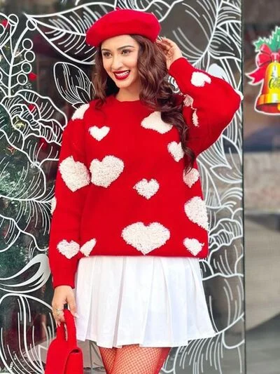 trendy fringed cashmere pullover sweater -Heart Round Neck Dropped Shoulder Sweater