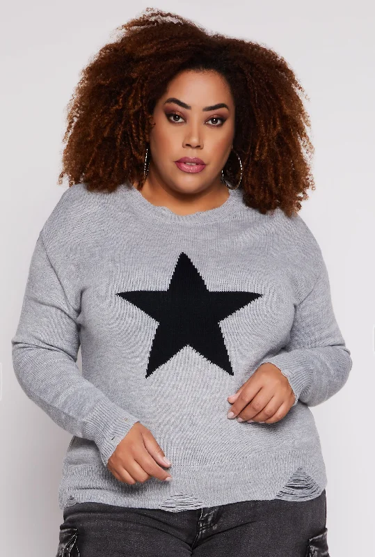 soft modal pullover sweater -Plus Size Star Distressed Sweater