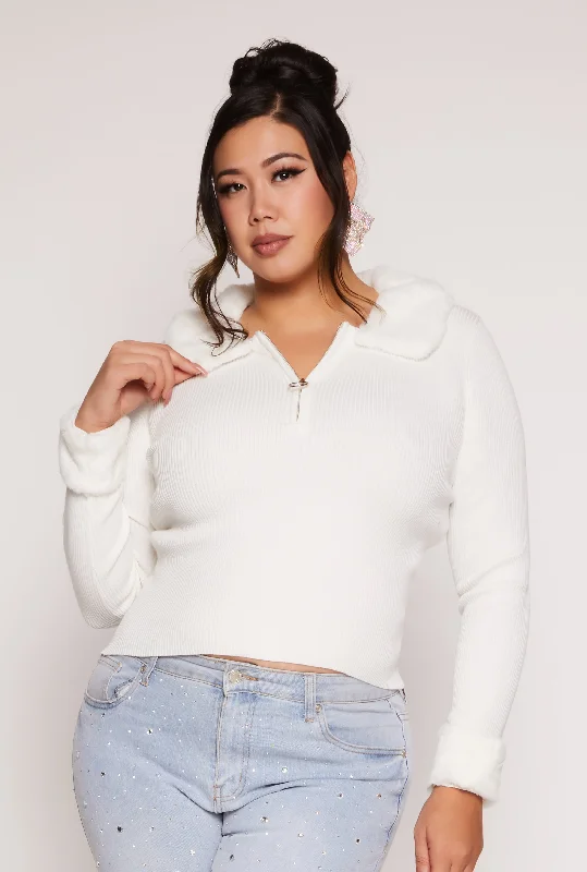 premium cashmere knit pullover sweater -Plus Size Almost Famous Faux Fur Trim Sweater