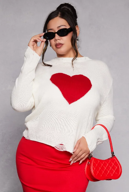 lightweight cotton knit pullover sweater -Plus Size Heart Distressed Sweater