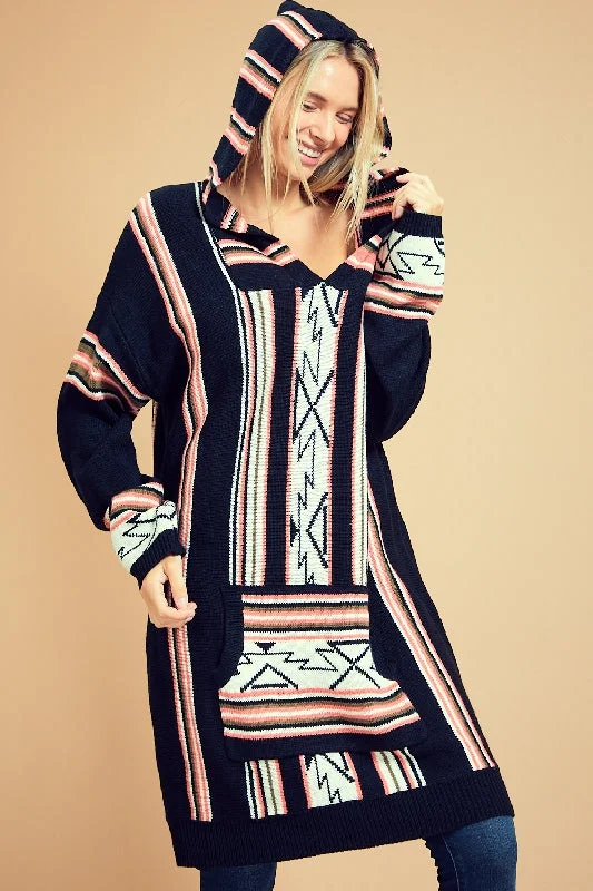 bold striped pullover sweater -L Love Long Tunic Hoodie Sweater - Black