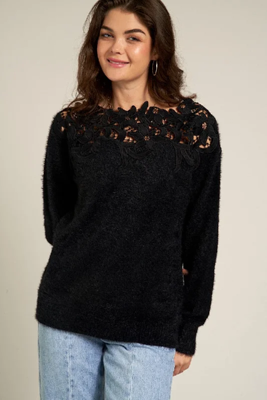 soft knit ribbed merino pullover sweater -LACE YOKE SWEATER