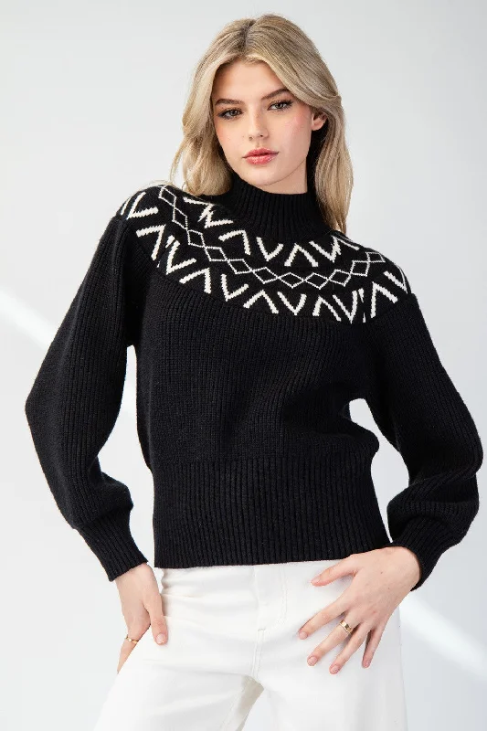 bold geometric cashmere pullover sweater -GEOMETRIC MOCK NECK SWEATER