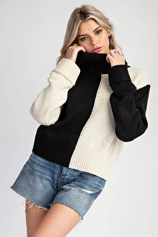 soft knit wrap wool pullover sweater -COLOUR BLOCK TURTLENECK SWEATER