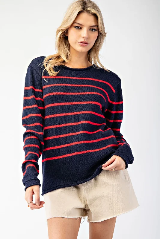 quick dry travel knit pullover sweater -STRIPED CREW NECK SWEATER