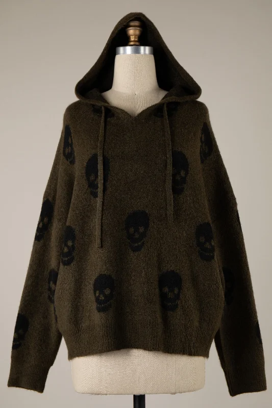 relaxed fit pullover sweater -SCATTERED SKULL HOODED SWEATER