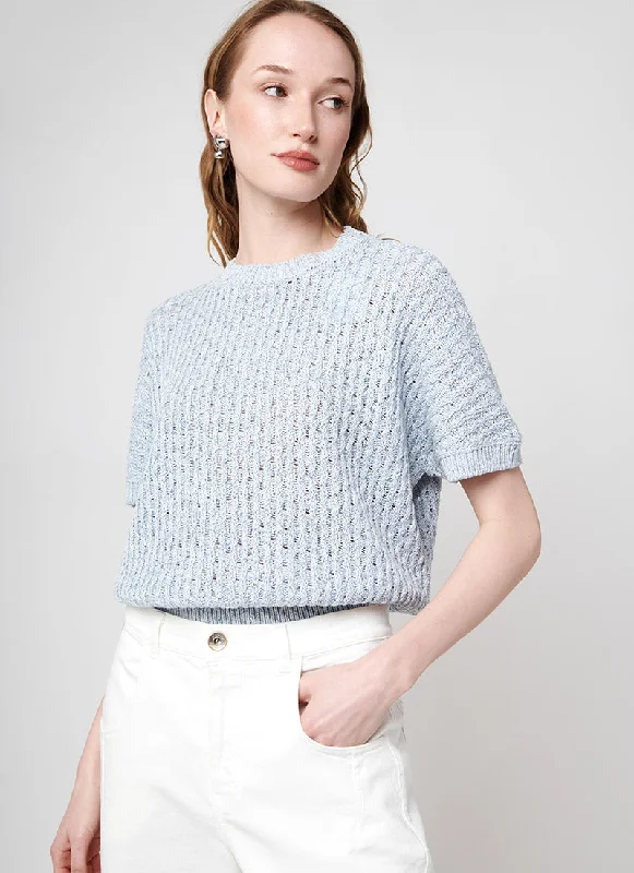 elegant v-neck pullover sweater -Lurex Knit Short-Sleeve Sweater