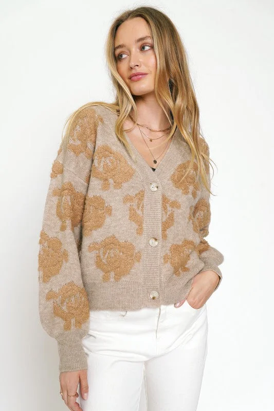 quick dry travel merino pullover sweater -Mystree Fuzzy Floral Button Down Sweater - Hazelnut