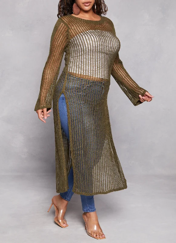 vintage ribbed merino pullover sweater -Plus Size Crochet Side Slit Maxi Sweater