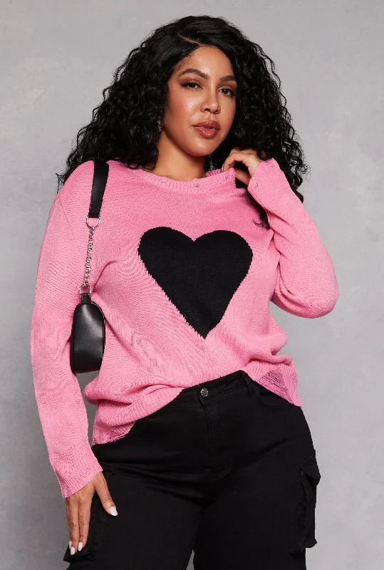 bold floral knit pullover sweater -Plus Size Heart Distressed Sweater