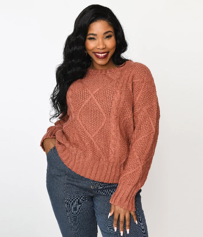 soft chenille knit pullover sweater -Plus Size Brick Red Cable Knit Oversize Sweater