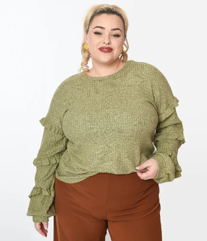 bold floral knit pullover sweater -Plus Size Olive Green Ruffle Trim Ribbed Pullover Sweater