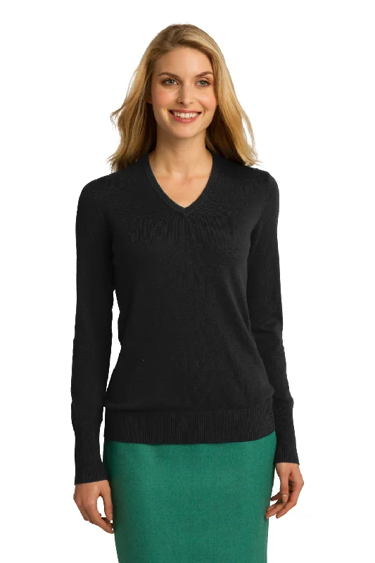 comfy lounge merino pullover sweater -Port Authority Womens Long Sleeve V-Neck Sweater - Black