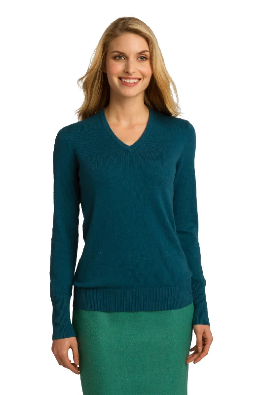 soft cashmere pullover sweater -Port Authority Womens Long Sleeve V-Neck Sweater - Moroccan Blue