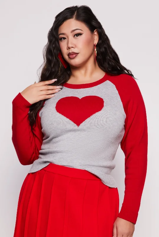 relaxed fit pullover sweater -Plus Size Heart Raglan Sweater