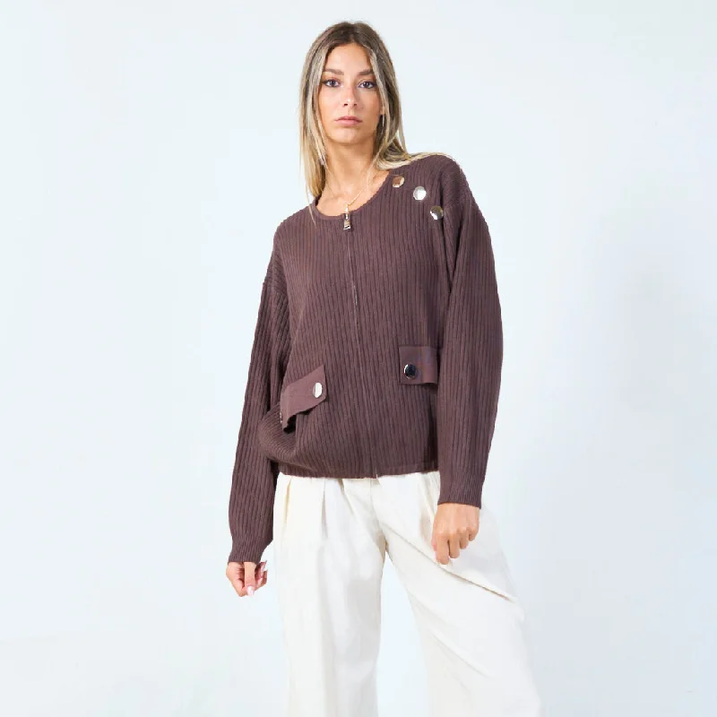 sustainable cotton cashmere pullover sweater -Ribbed zip-up sweater with button details wholesale