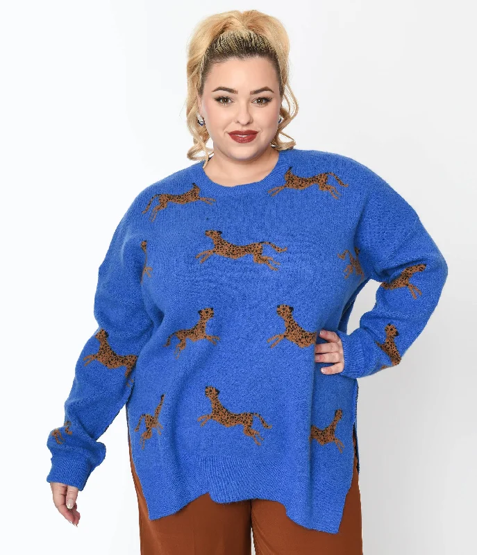 chic boat neck wool pullover sweater -Royal Blue & Cheetah Oversize Sweater