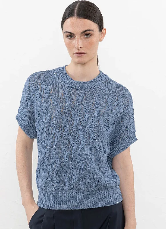 high quality knit pullover sweater -Short-Sleeve Cotton Sweater with Sequins