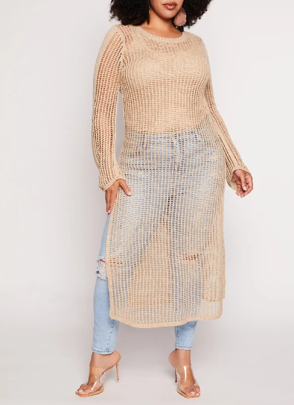 breathable linen pullover sweater -Plus Size Crochet Side Slit Maxi Sweater