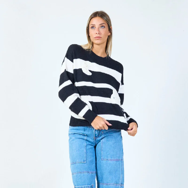 stretchy knit wool pullover sweater -Striped sweater with celestial embroidery wholesale