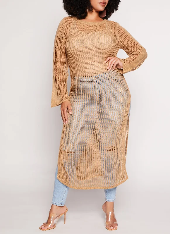 trendy cropped pullover sweater -Plus Size Crochet Side Slit Maxi Sweater