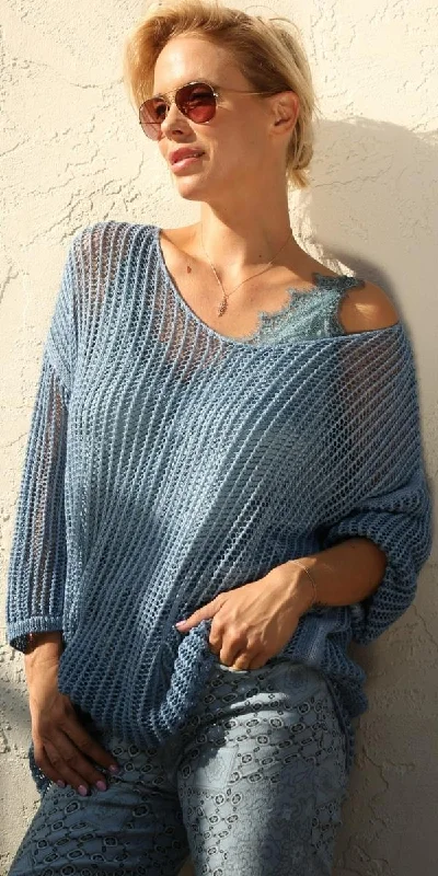 stylish fisherman merino pullover sweater -Taranto Knit Mesh Sweater