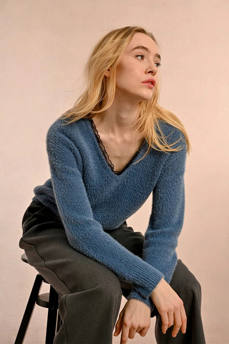 lightweight cotton cashmere pullover sweater -The Gisele Lace Trim Sweater - Ocean Blue