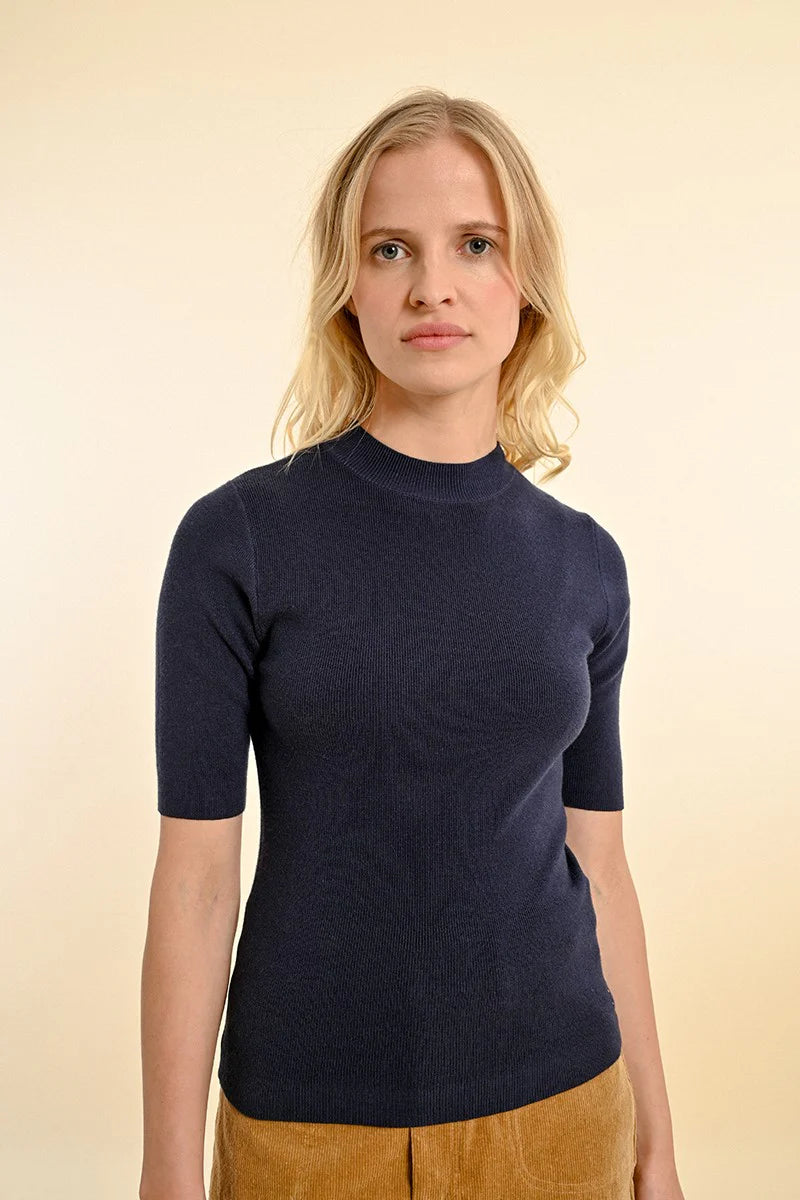 lightweight linen knit pullover sweater -The Jonnie Short Sleeve Sweater - Navy