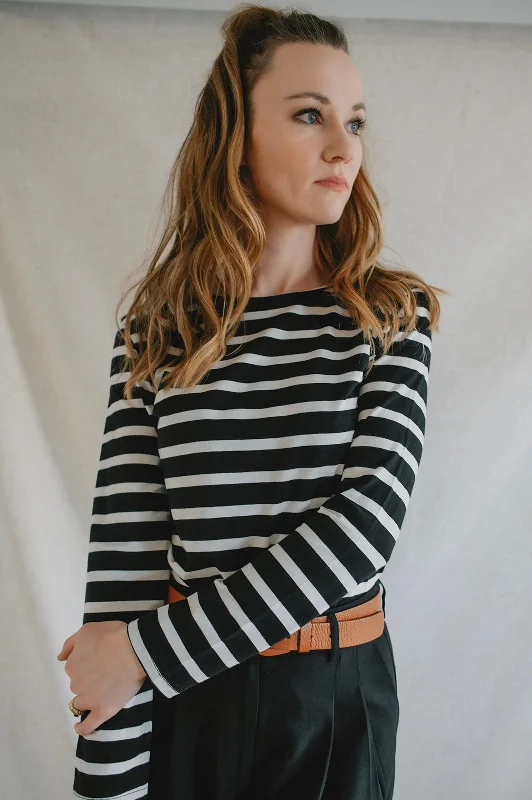 lightweight summer cashmere pullover sweater -The Pamila Stripe Long Sleeve - Off White Mix