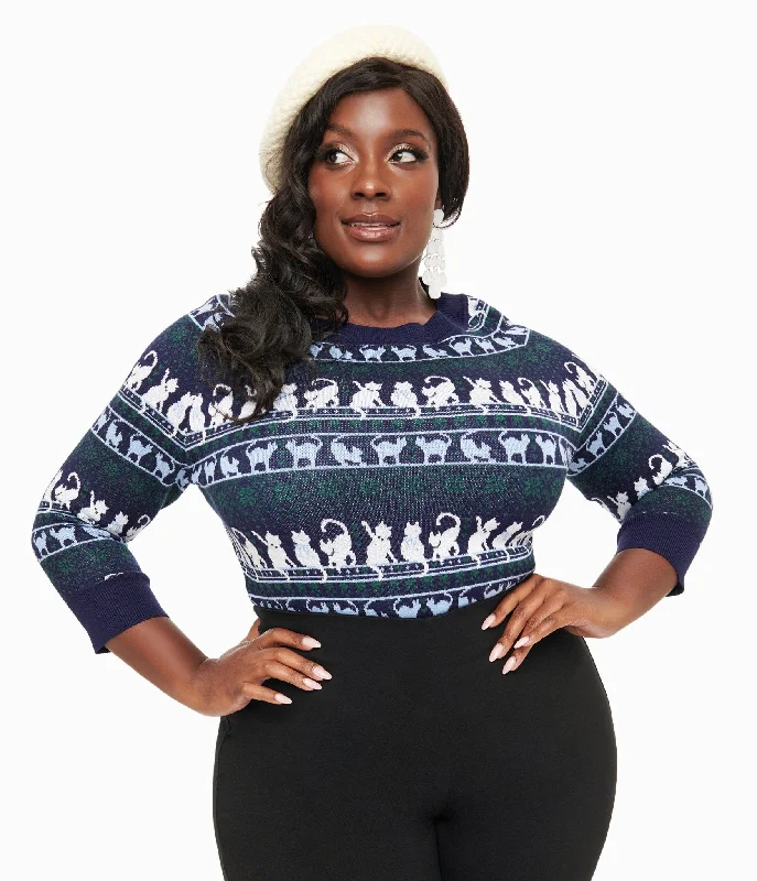 stylish color block cashmere pullover sweater -Unique Vintage Plus Size 1940s Navy & White Cat Pattern Lorelai Sweater