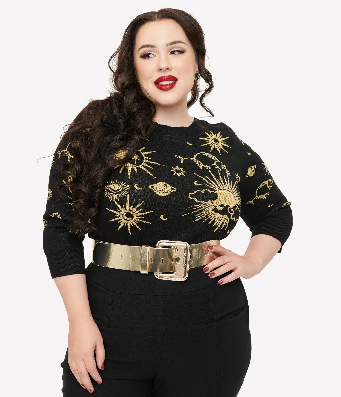 minimalist slim knit pullover sweater -Unique Vintage Plus Size 1950s Black & Gold Celestial Minou Sweater