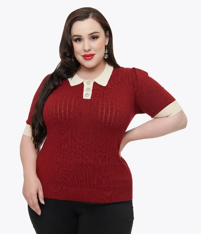 stretchy ribbed knit pullover sweater -Unique Vintage Plus Size 1950s Burgundy & Rhinestone Buttons Prim & Pretty Sweater