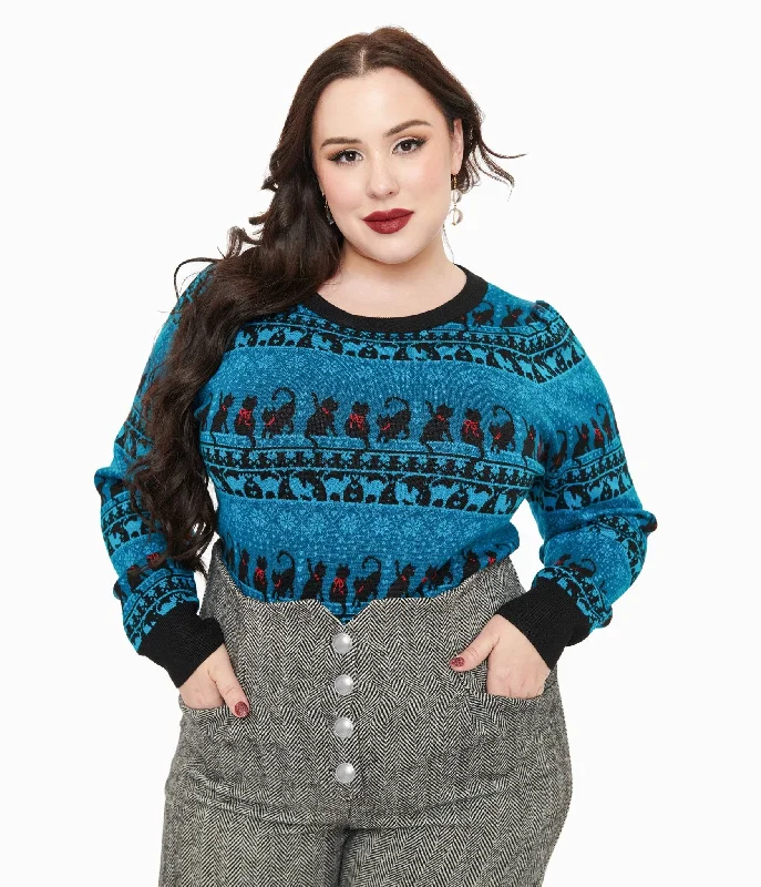 lightweight cotton merino pullover sweater -Unique Vintage Plus Size 1950s Teal Snowflakes & Cats Sweater