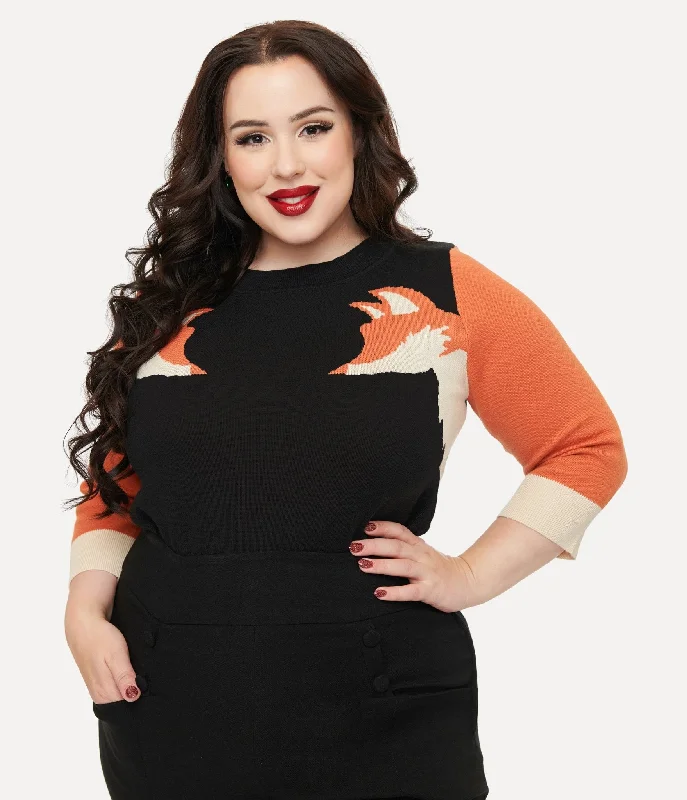 stretchy wool merino pullover sweater -Unique Vintage Plus Size Black & Orange Fox Sleeve Minou Sweater