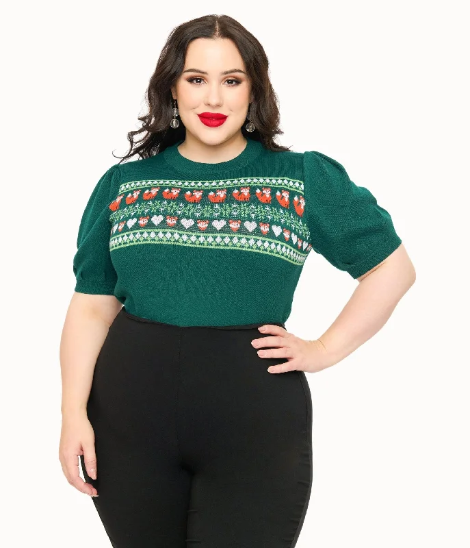 soft knit ribbed pullover sweater -Unique Vintage Plus Size Green Fox Fair Isle Paige Sweater