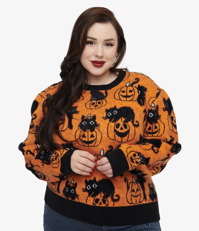 tailored wool cashmere pullover sweater -Unique Vintage Plus Size Orange Pumpkin & Black Cat Print Sweater