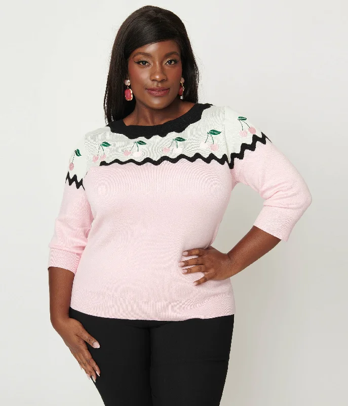 trendy cable knit pullover sweater -Unique Vintage Plus Size Pink & Black Cherry Sweater