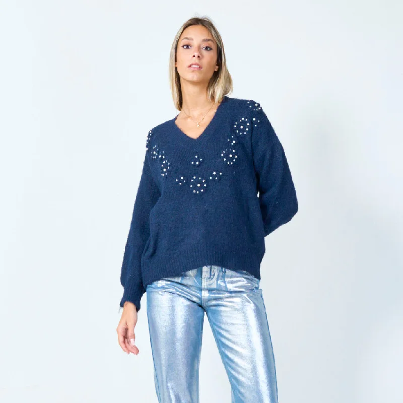 chic roll neck pullover sweater -V-neck sweater with pearl accents wholesale