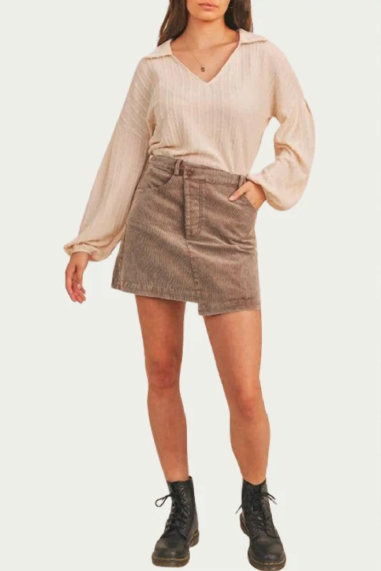 soft cotton skirts -Criss-Cross Asymmetrical Corduroy Skirt In Washed Mocha