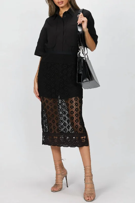 flared tulle skirts -Shirt And Crochet Lace Skirt Set In Black