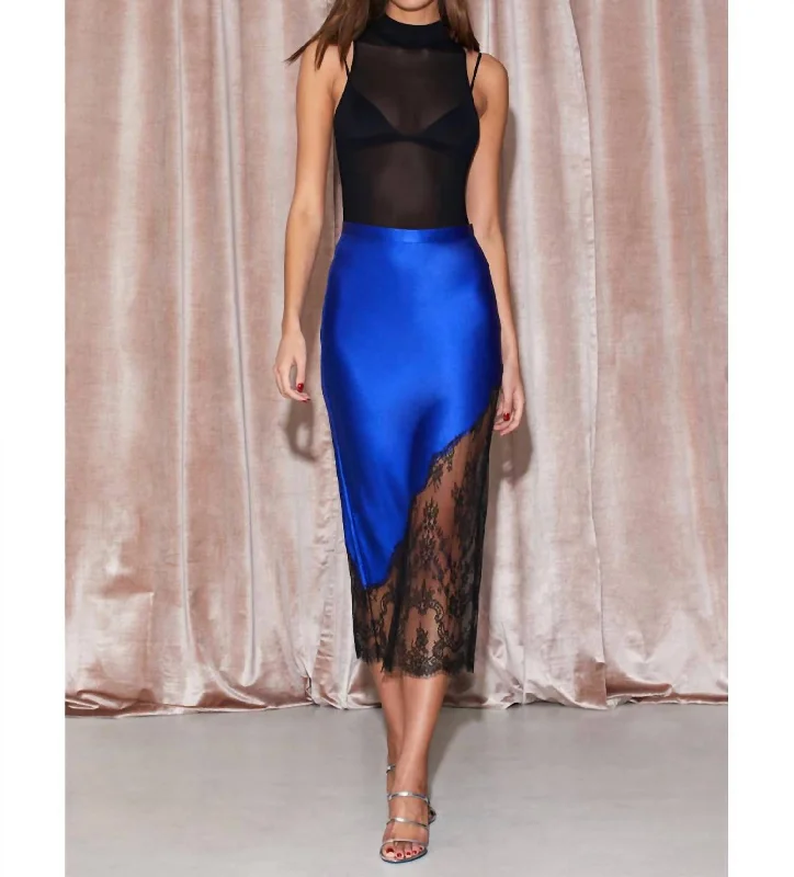 modern straight denim skirts -Silk And Chantilly Lace Skirt In Electric Blue/black