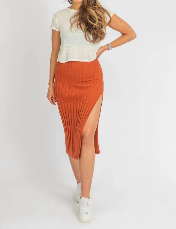 eco-friendly cotton midi skirts -Sugar Almond Slit Knit Midi In Orange