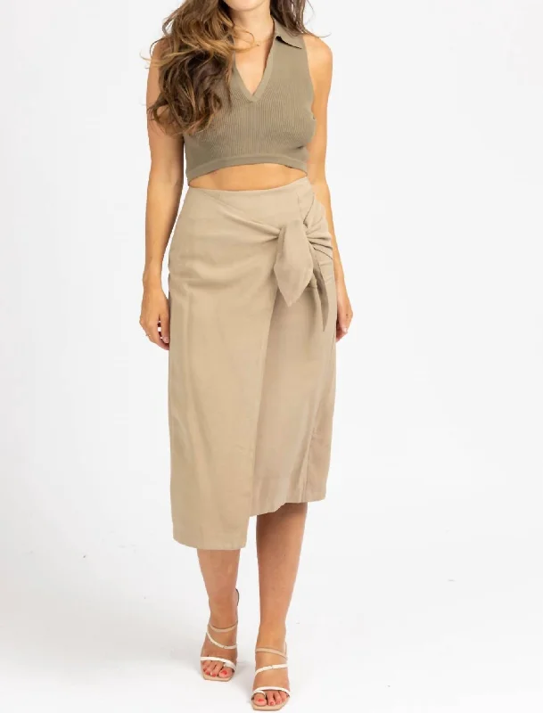 bold checkered midi skirts -Wrap Tie Front Midi Skirt In Khaki