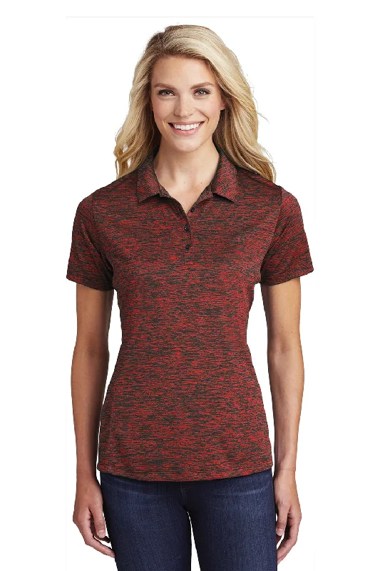 casual tie-dye blouses -Sport-Tek Womens Electric Heather Moisture Wicking Short Sleeve Polo Shirt - Deep Red Black Electric